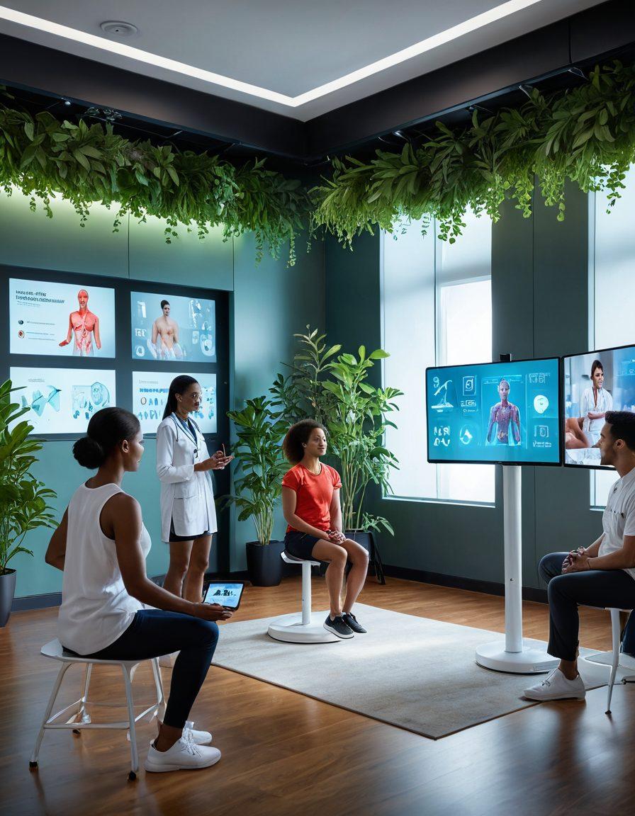 A futuristic healthcare setting where patients are interacting seamlessly with advanced technology like holographic interfaces and wearable devices. Show a diverse group of people engaging in wellness activities, such as telemedicine consultations, digital health monitoring, and AI-assisted fitness training, all surrounded by greenery symbolizing health and vitality. The atmosphere should evoke a sense of empowerment and innovation. vibrant colors. super-realistic.