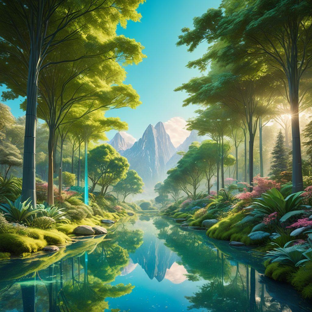 A futuristic landscape showcasing a blend of nature and technology, featuring a serene park with holographic wellness devices, glowing trees, and people using various innovative health gadgets. The scene should convey a sense of harmony between nature and technology, with a soft glowing sun in the background. The color palette should be calming with greens, blues, and gentle pastels. vibrant colors. super-realistic.