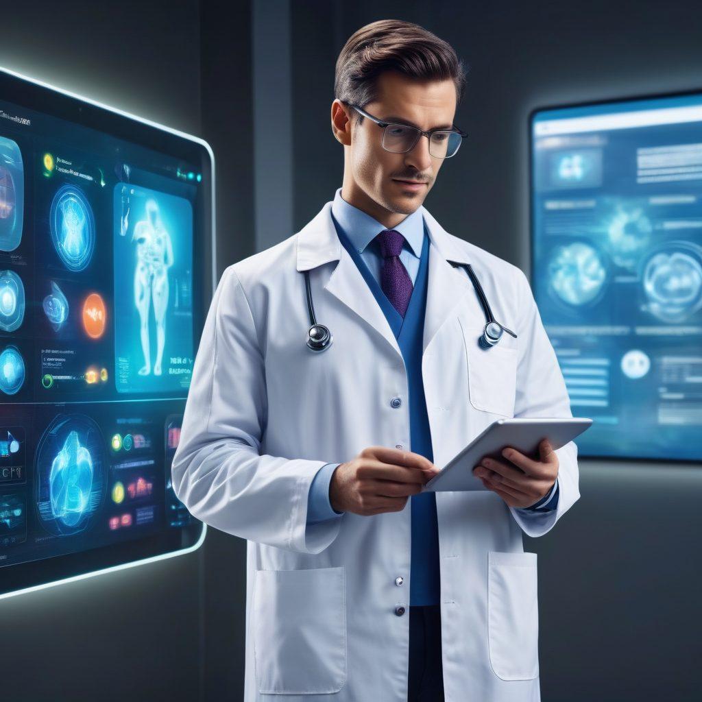 A futuristic doctor using a tablet with a holographic interface displaying telehealth options and health apps, surrounded by various health gadgets like smartwatches and fitness trackers, all set in a modern medical environment. The background should show patients interacting with their devices, conveying a sense of innovation and accessibility in healthcare. vibrant colors. super-realistic.